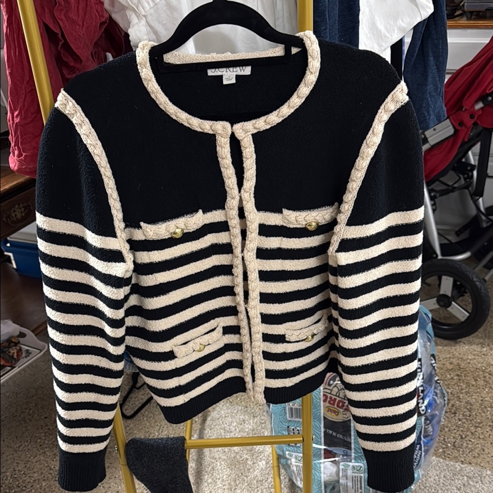 J. Crew Black and Cream Cardigan with Striped Pattern